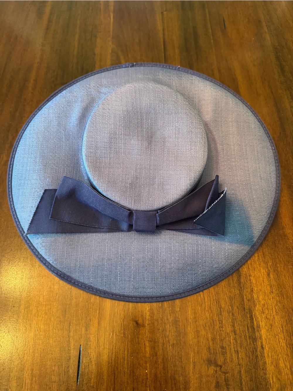 Vintage 1950s Slate Blue Linen Wide Brim Lampshade Saucer Hat Bow with Hatbox